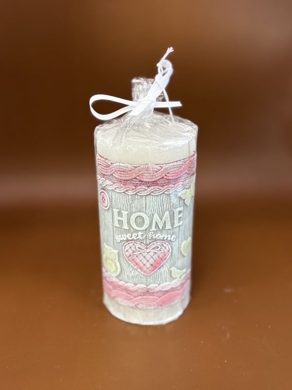 Home &amp; Bath. Poland. Wrapped &quot;Home Sweet Home&quot; Candle. White &amp; Pink. 5.5&quot;H