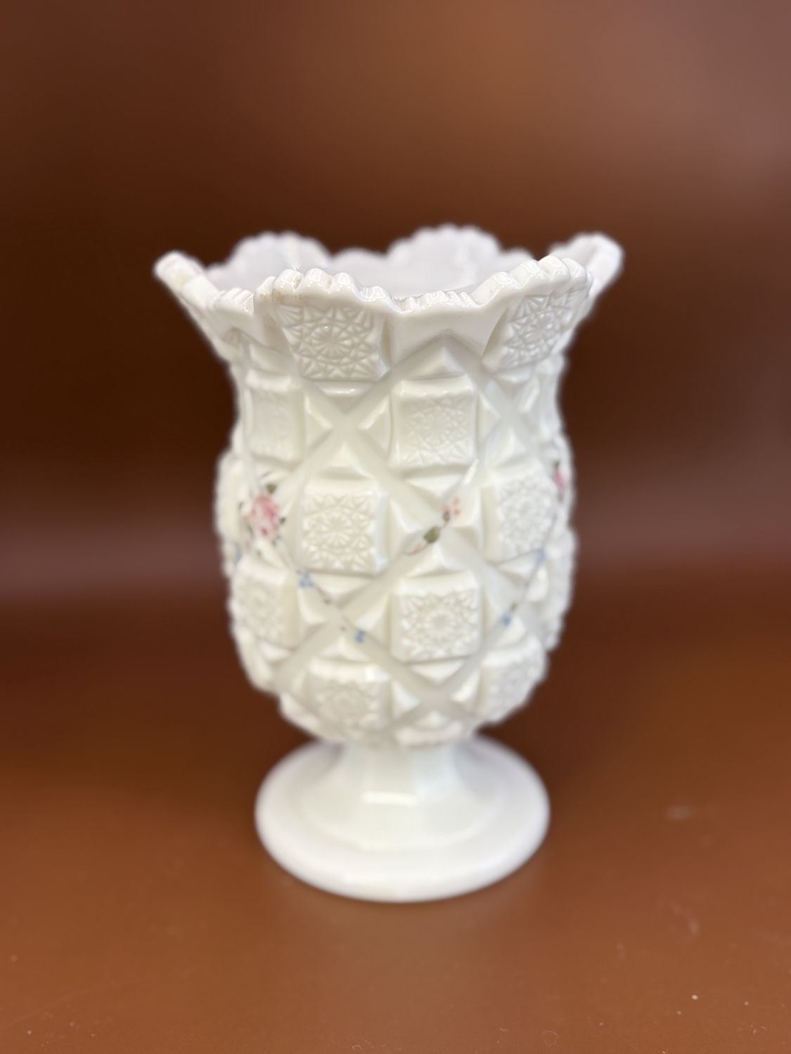 Glass. USA. Westmoreland. White Milk Glass Footed Vase w/Quilted Design. Painted w/Roses &amp; Bows. 6.5&quot;H