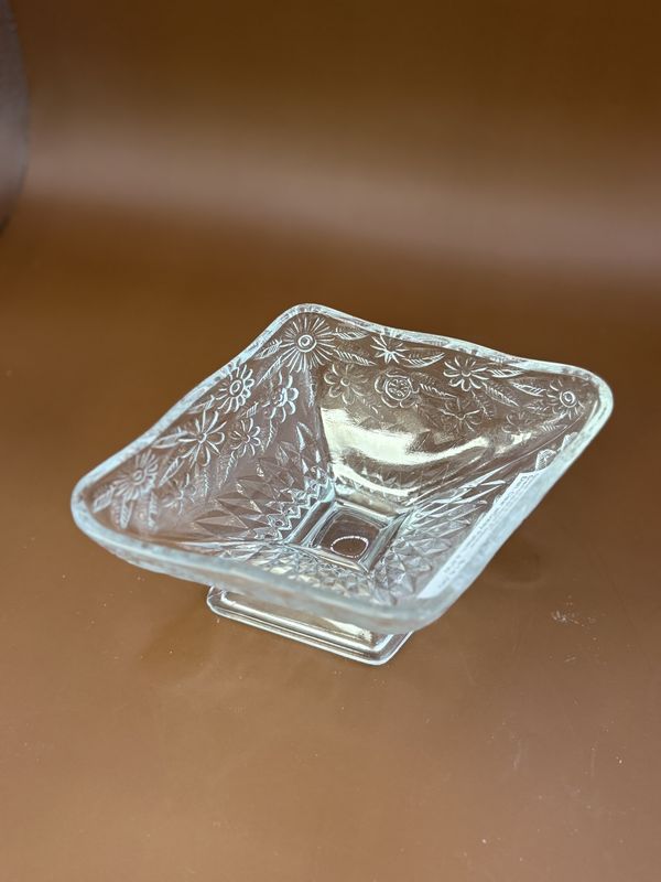 Glass. USA. Indiana Glass. Diamond-shaped Pedestal Dish. Clear w/Daisy Pattern. 6.5&quot;W