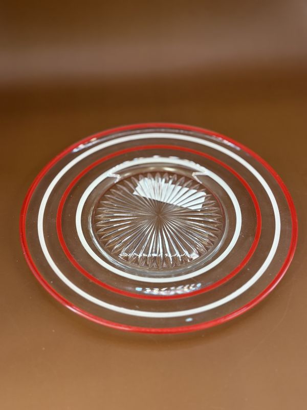 Glass. Mid-century Plate. Clear w/Red &amp; White Bands. 8.25&quot;W