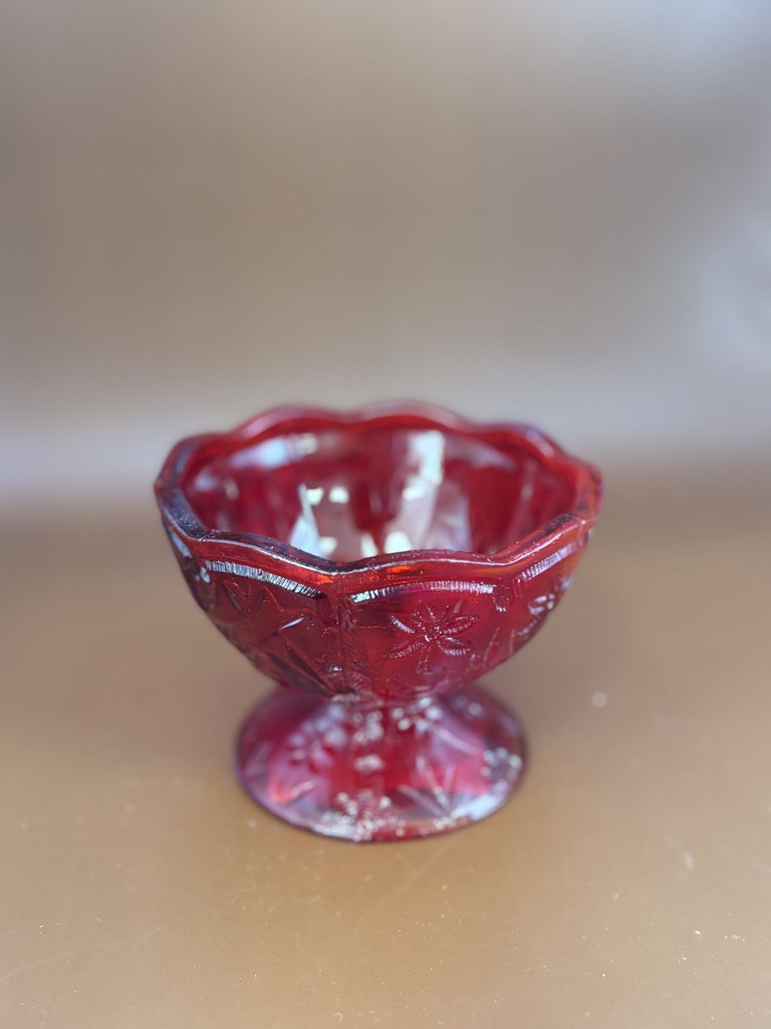 Glass. USA. Vogelsong. Reproduction Ruby Red Bowl  w/Wavy Ream &amp; Fish Pattern. 4.5&quot;W