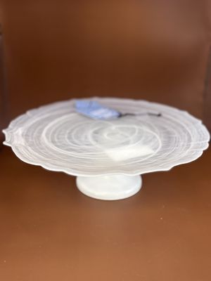 Glass. Cake Tray. White Swirled Clear Alabaster Glass.  3"H x 10.5"W