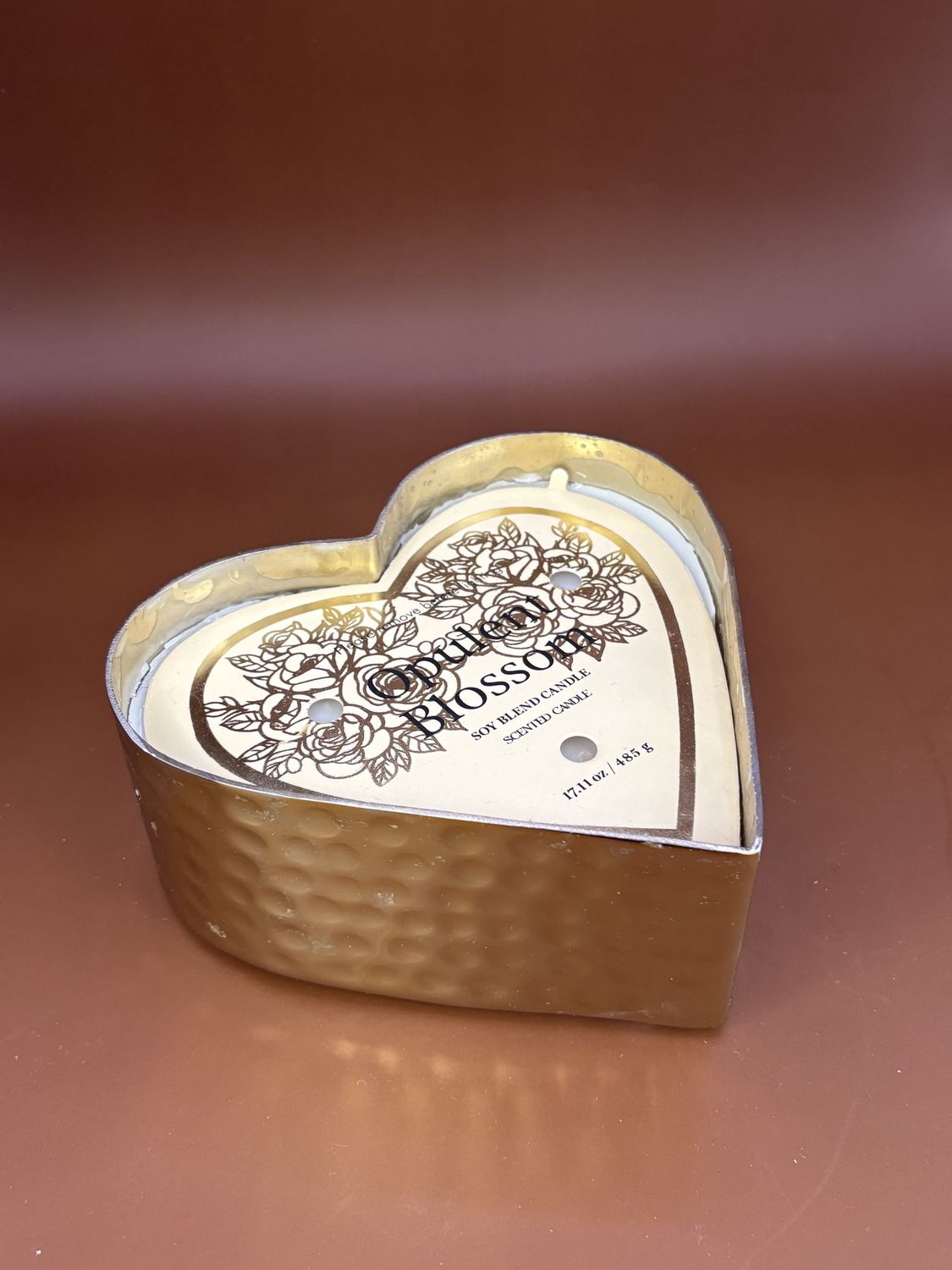 Home &amp; Bath. 3 Wick Candle in Brass Heart.  3&quot;H x 6&quot;W