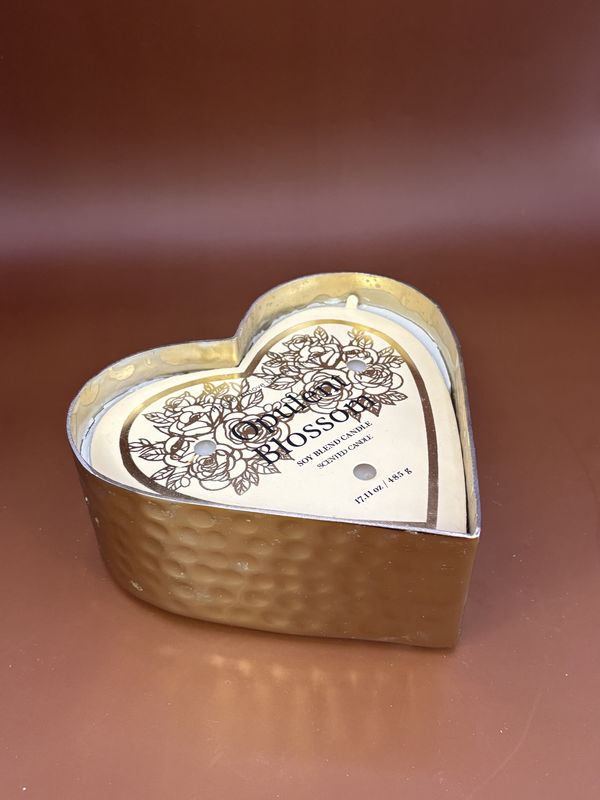 Home &amp; Bath. 3 Wick Candle in Brass Heart.  3&quot;H x 6&quot;W