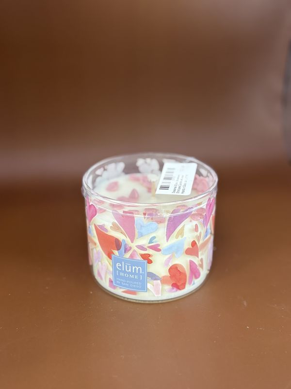 Home &amp; Bath. USA. Elum. Strawberry Shortcake Candle w/Loose Hearts in Glass Jar. 3.75&quot;W