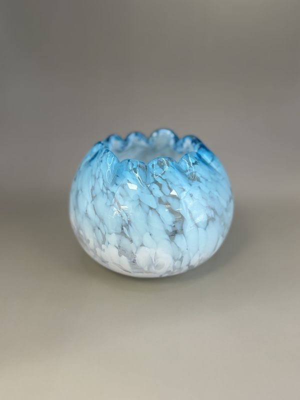 Glass. USA. Fenton. Blue and White Specked Ruffled Sphere Bowl.  4&quot;H