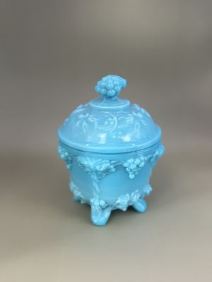Glass. France. Portieux Valleysthal. Light Blue Milk Glass Candy Dish w/Lid. 6"H