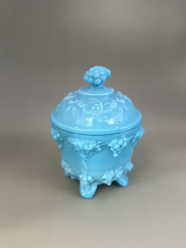 Glass. France. Portieux Valleysthal. Light Blue Milk Glass Candy Dish w/Lid. 6&quot;H