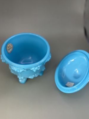 Glass. France. Portieux Valleysthal. Light Blue Milk Glass Candy Dish w/Lid. 6"H