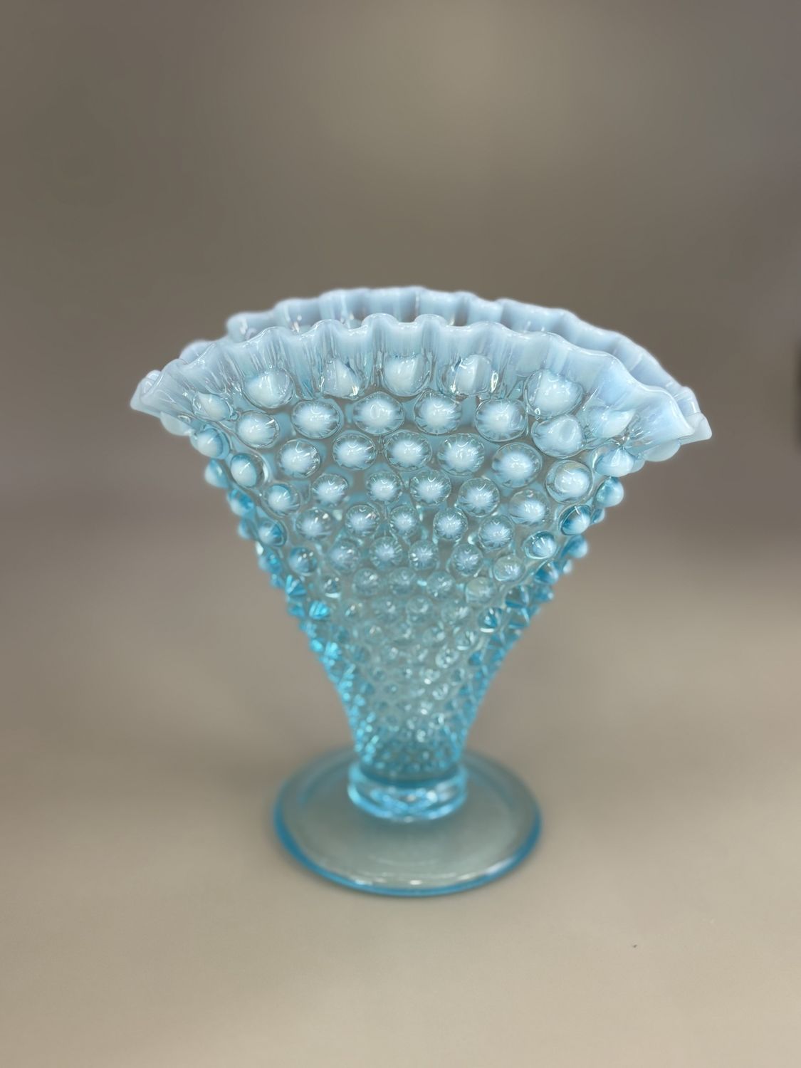 Glass. USA. Fenton. Light Blue Opalescent Hobnail Fan Vase. 6&quot;H