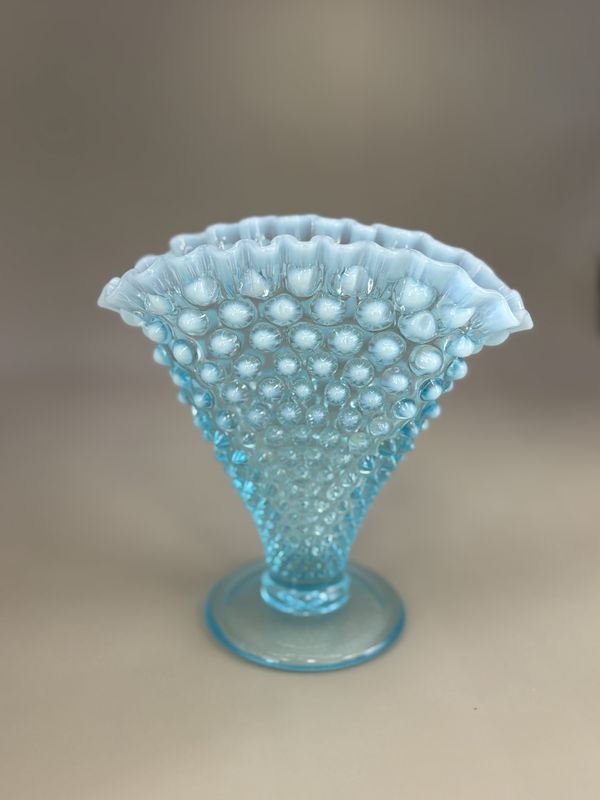 Glass. USA. Fenton. Light Blue Opalescent Hobnail Fan Vase. 6&quot;H