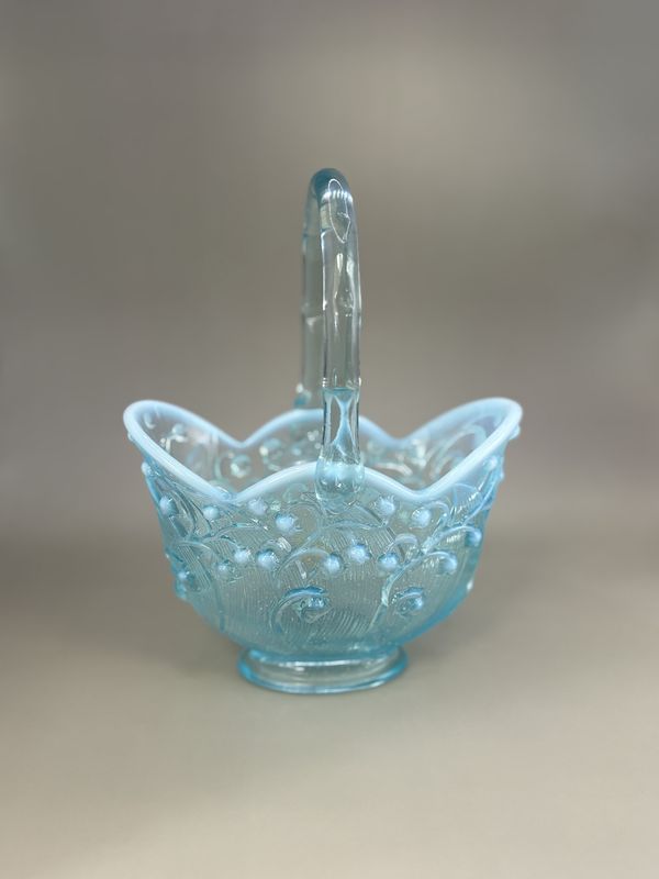Glass. USA. Fenton. Blue Opalescent Lily of the Valley Basket. 6&quot;W