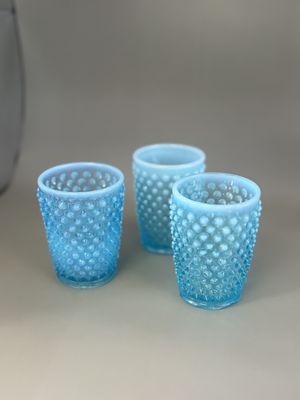 Glass. USA. Fenton. Blue Milk Glass Hobnail Tumblers. 3.5"H (Set of 3)