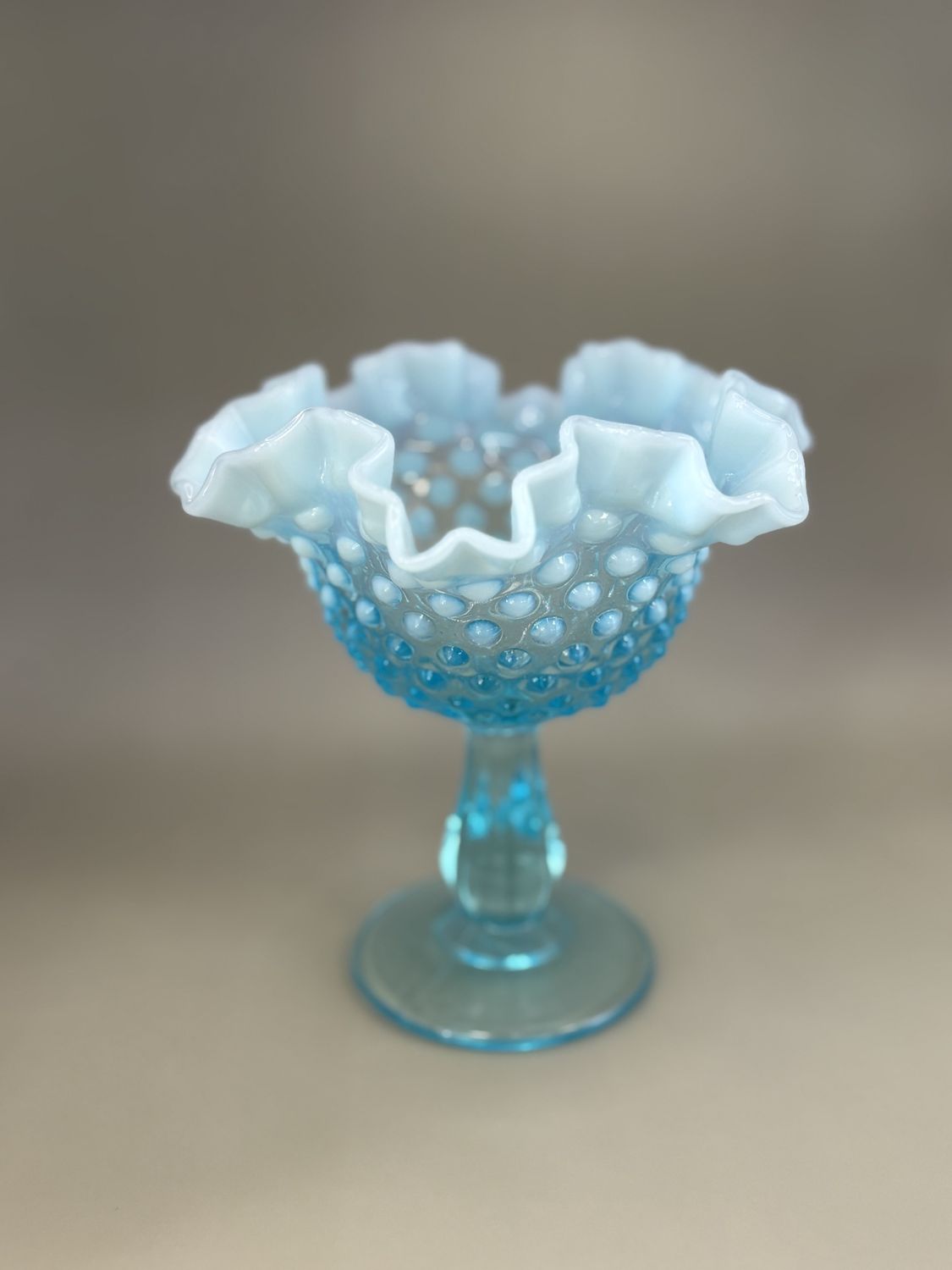 Glass. USA. Fenton. Opalescent Blue Hobnail Compote w/Ruffled Edge. 6&quot;H