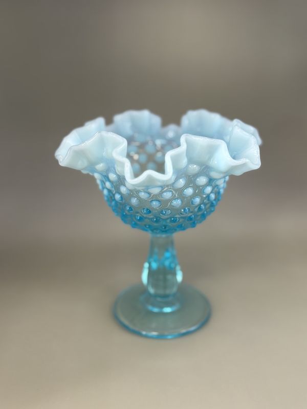 Glass. USA. Fenton. Opalescent Blue Hobnail Compote w/Ruffled Edge. 6&quot;H
