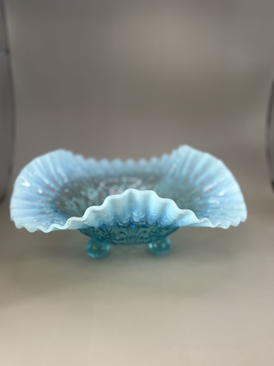 Glass. USA. Northwood. Open Bowl w/Wavy &amp; Ruffled Edge &amp; 3 Ball Feet. Blue Opalescent. 9.5&quot;W