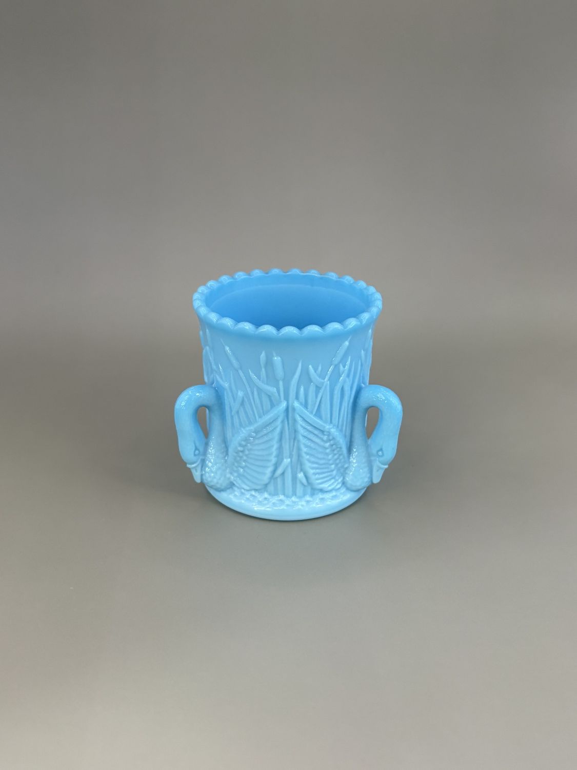 Glass. France. Portieux Vallerysthal Swan Toothpick Holder. French Blue Opaline. 2.5&quot;H