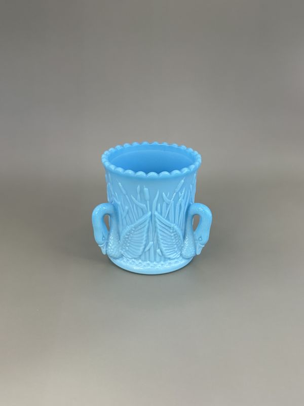 Glass. France. Portieux Vallerysthal Swan Toothpick Holder. French Blue Opaline. 2.5&quot;H