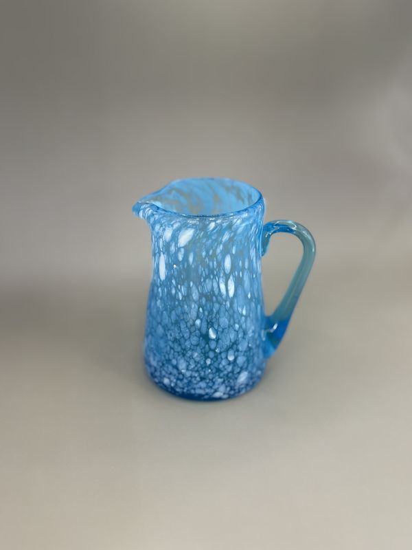 Glass. USA. Handblown Blue and White Mini Pitcher. 4&quot;H