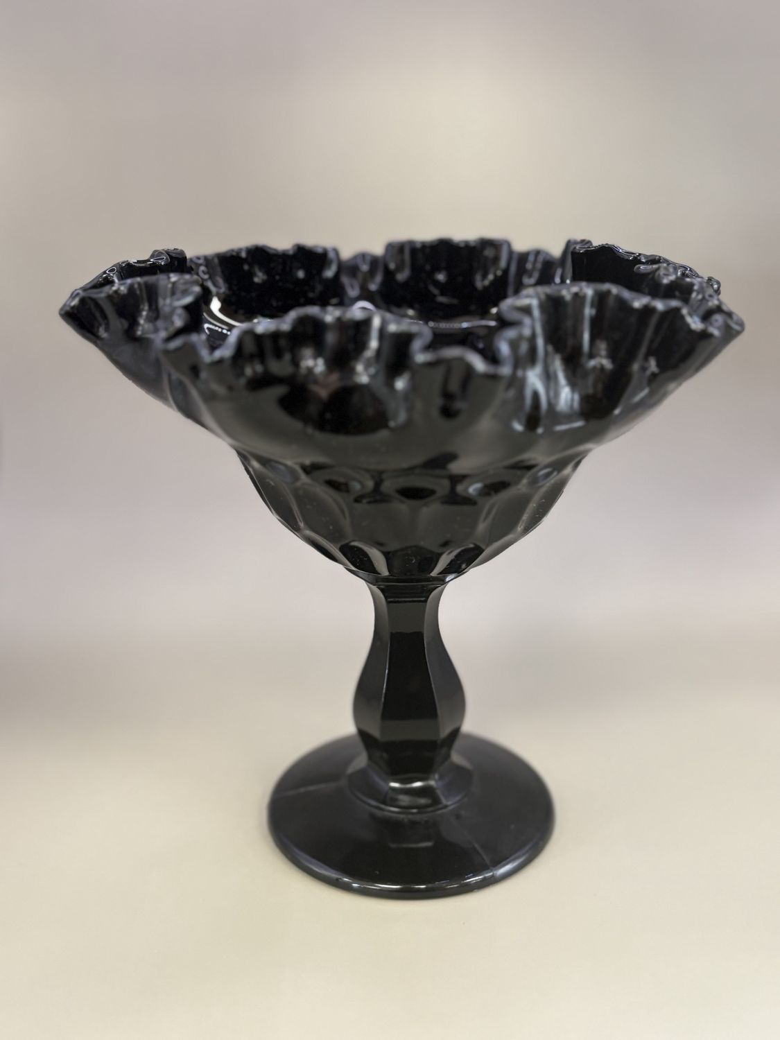 Glass. USA. Fenton. Compote. Thumbprint / Ruffled / Black / 1950s. 7&quot;H