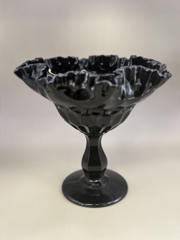 Glass. USA. Fenton. Compote. Thumbprint / Ruffled / Black / 1950s. 7&quot;H