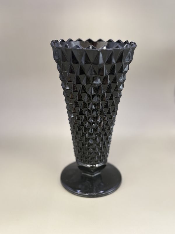 Glass. USA. Fenton. Vase. Diamond Pointed w/Base. Black. 8&quot;H