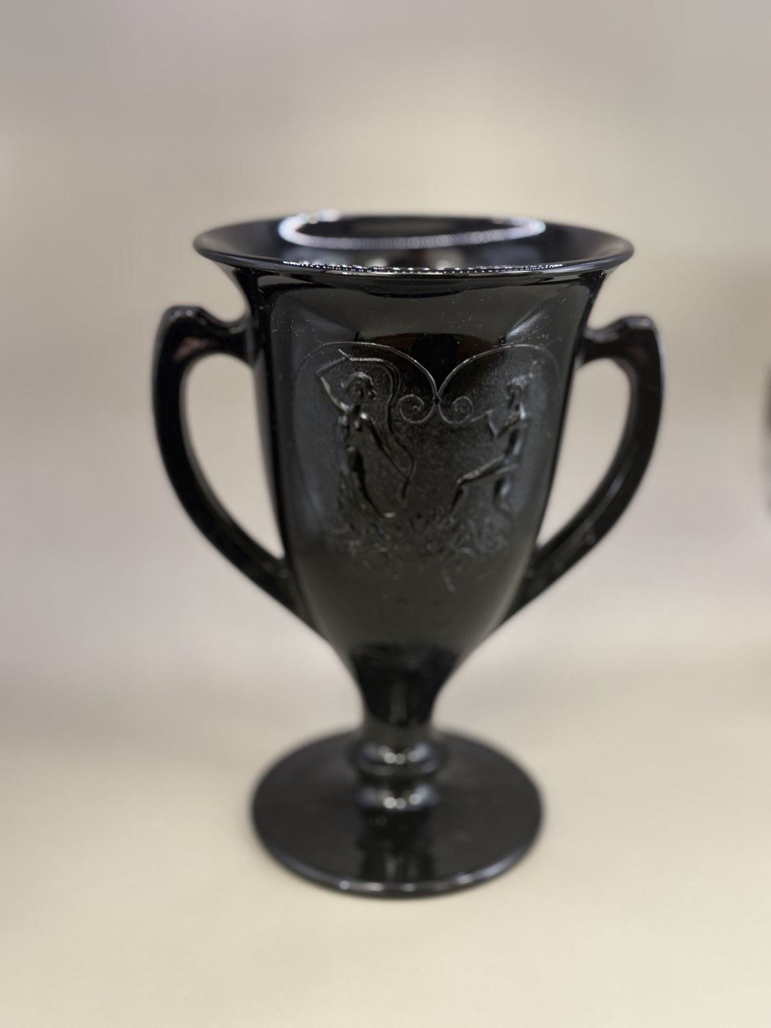 Glass. USA. LE Smith. Art Deco Vase w/Round Base. Embossed w/ Dancing Nymphs. 1932. Black Amethyst. 8&quot;H