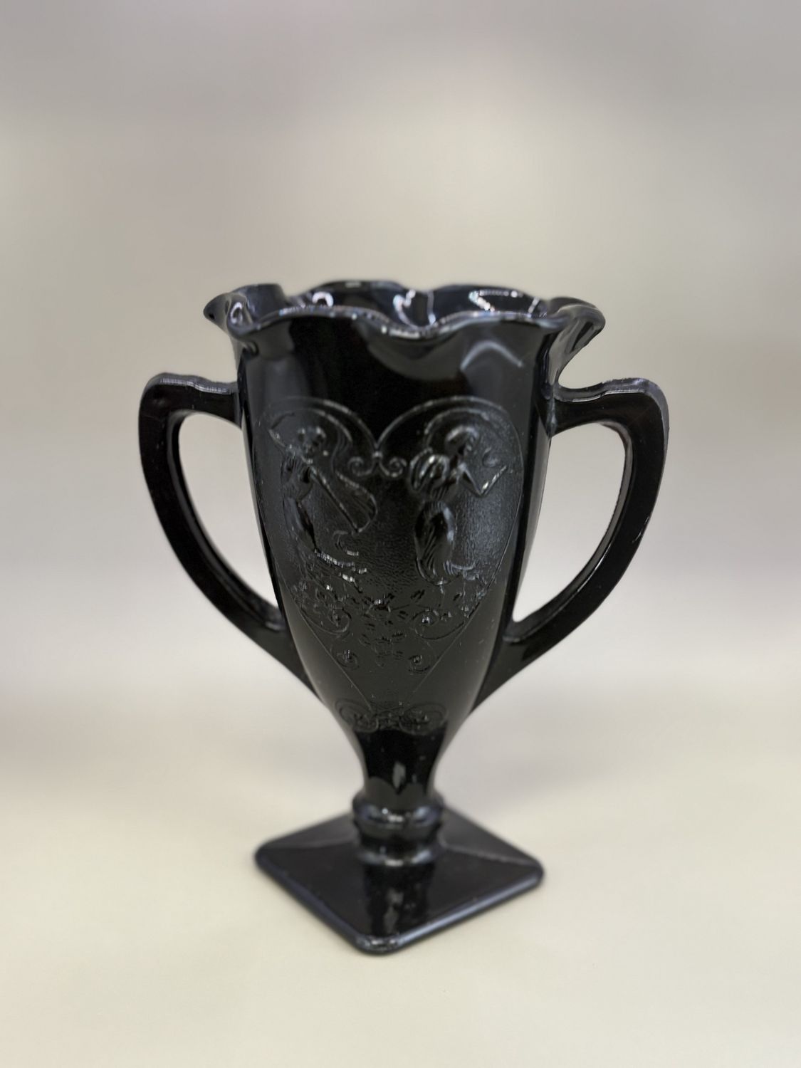 Glass. USA. LE Smith. Art Deco Vase w/Ruffled Edge &amp; Square Base. Embossed w/Dancing Nymphs. 1930s. Black Amethyst. 7&quot;H