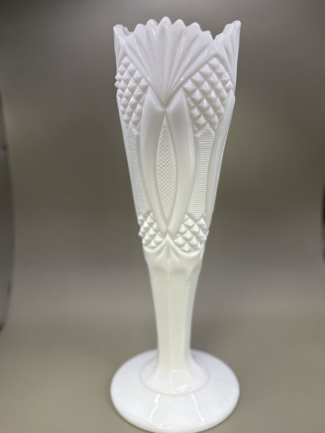 Glass. USA. Kemple. Jubilee Milk Glass Vase. White. 12.25&quot;H
