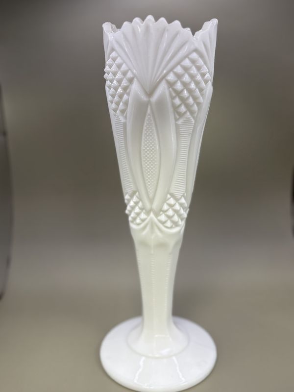 Glass. USA. Kemple. Jubilee Milk Glass Vase. White. 12.25"H