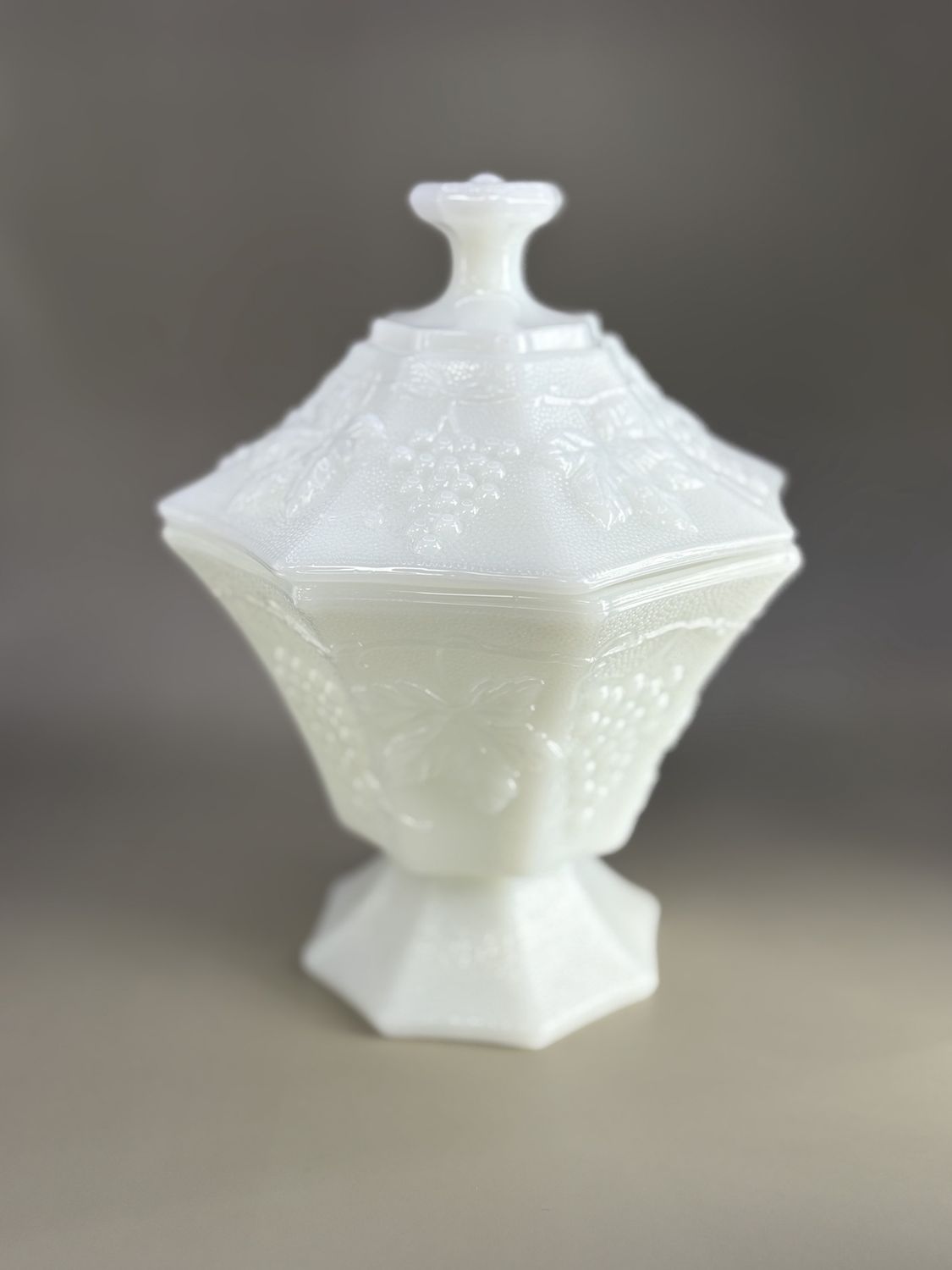 Glass. USA. White Milk Glass Grape Pattern Octagonal Candy Bowl w/Lid. 7.75&quot;H x 5.75&quot;W