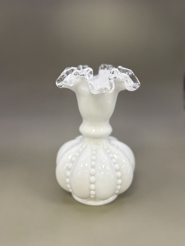 Glass. USA. Fenton. Vase. Hobnail w/ Ruffled Edge. White w/Clear Trim. 6.5&#39;&#39;H