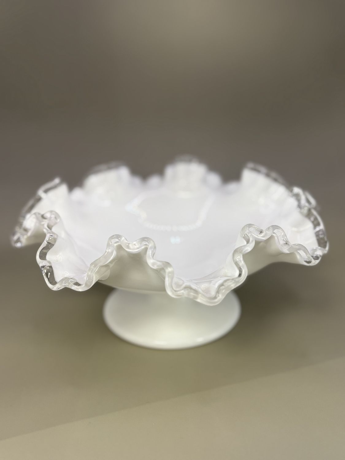 Glass. USA. Fenton. Silver Crest Milk Glass Ruffled Low Pedestal Bowl. 8.5&quot;W