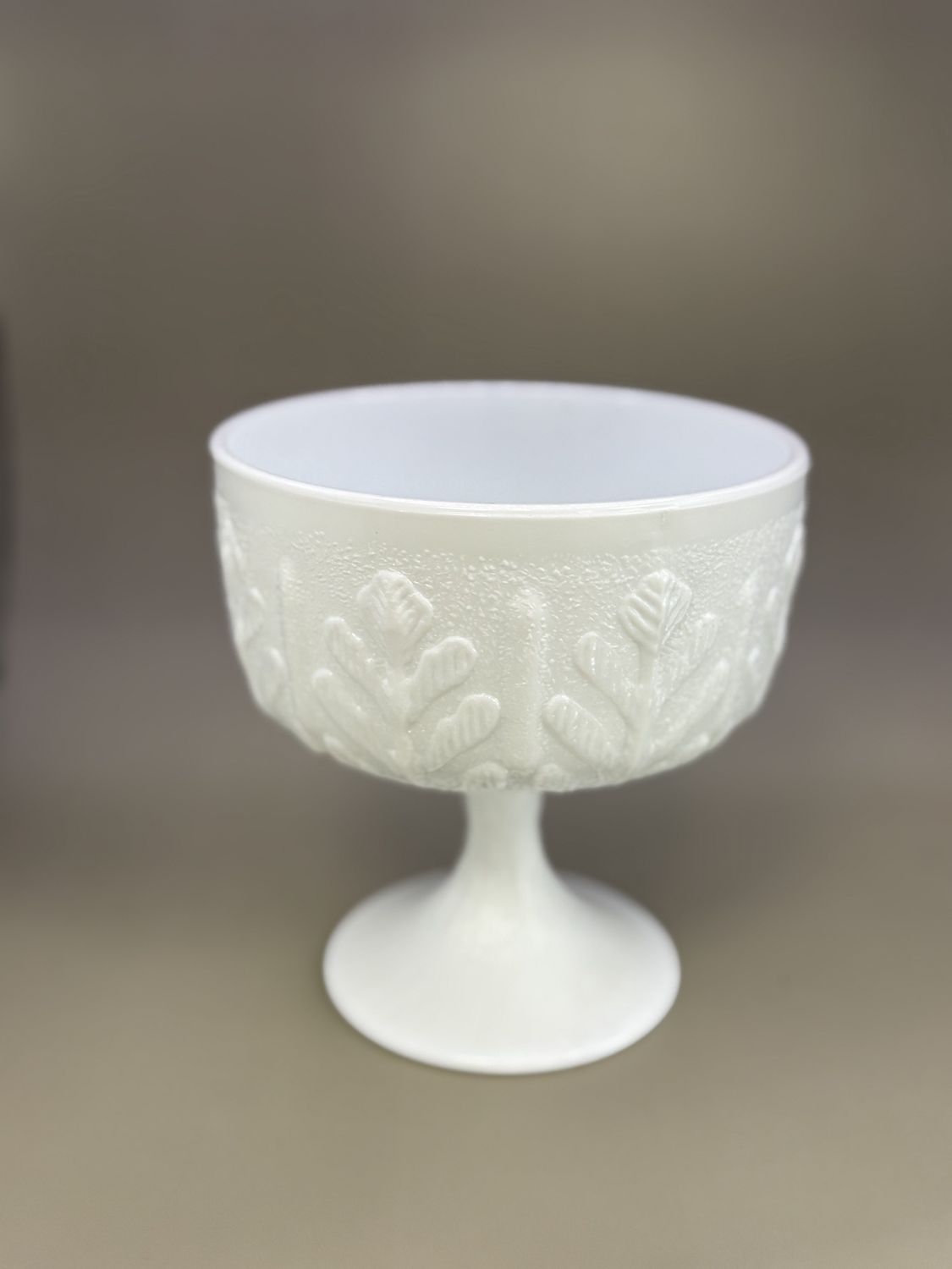 Glass. USA. FTD. White Milk Glass Oak Leaf Goblet Vase. 1975