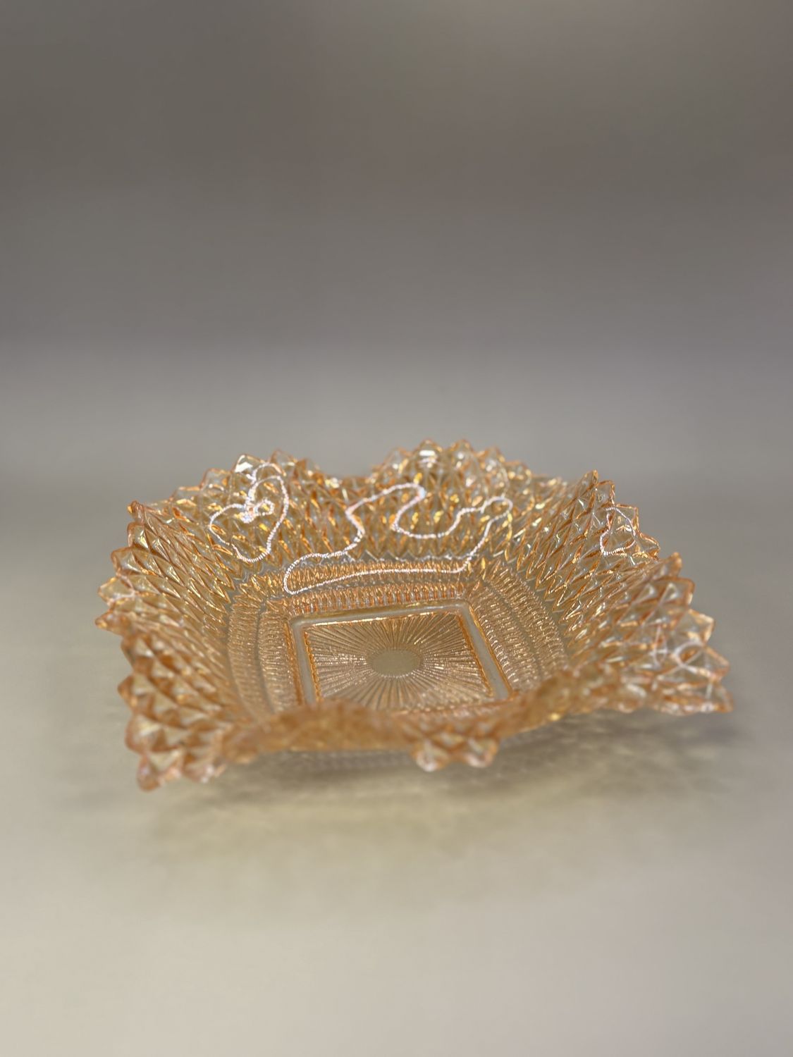 Glass. USA. Federal Glass. Indiana Glass. Candy Dish. Peach with Diamond Point Pattern and a Ruffled Edge. Square.
