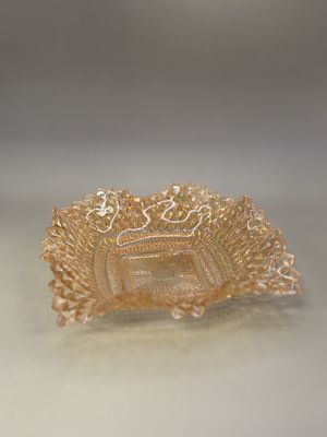Glass. USA. Federal Glass. Indiana Glass. Candy Dish. Peach with Diamond Point Pattern and a Ruffled Edge. Square.