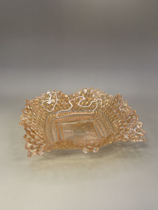Glass. USA. Federal Glass. Indiana Glass. Candy Dish. Peach with Diamond Point Pattern and a Ruffled Edge. Square.