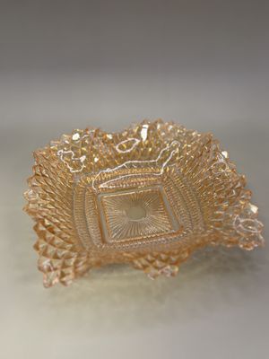 Glass. USA. Federal Glass. Indiana Glass. Candy Dish. Peach with Diamond Point Pattern and a Ruffled Edge. Square.