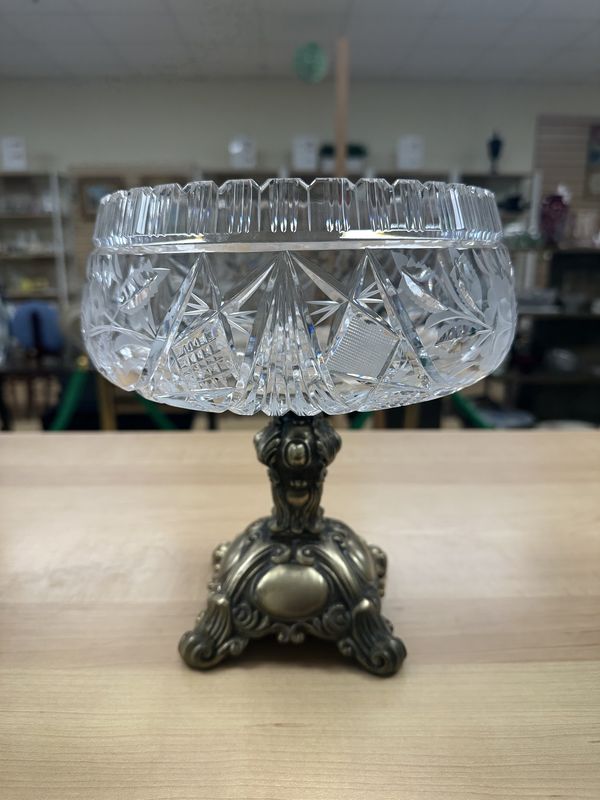 Crystal. Vintage Cut Crystal Compote with Brass Base. 9&quot;H
