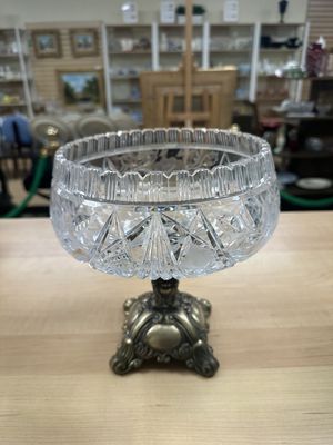 Crystal. USA. Compote. Cut Crystal with Antique Brass Base. Vintage. 9"H