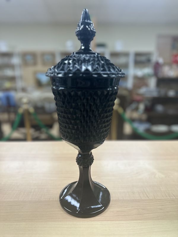 Glass. USA. Indiana Glass. Tiara Diamond Point Apothecary Jar w/Lid. Black.  16&quot;H
