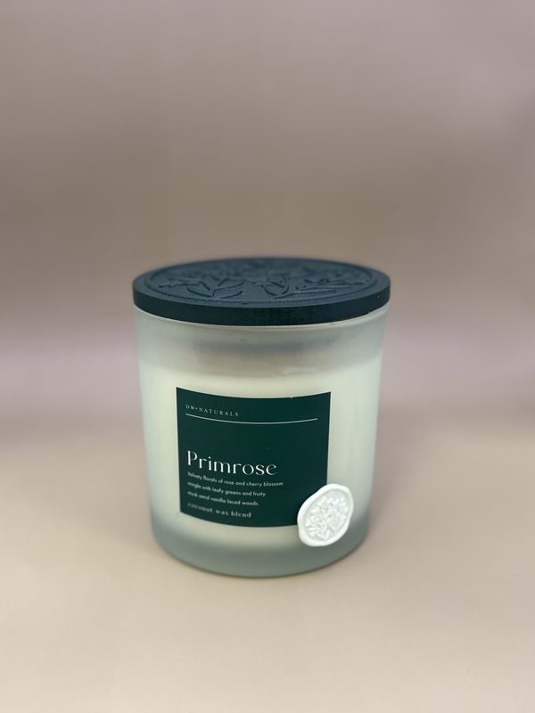 Home &amp; Bath. USA. DW Naturals. 2-Wick Jar Candle w/Green Lid. Primrose. 4&quot;W