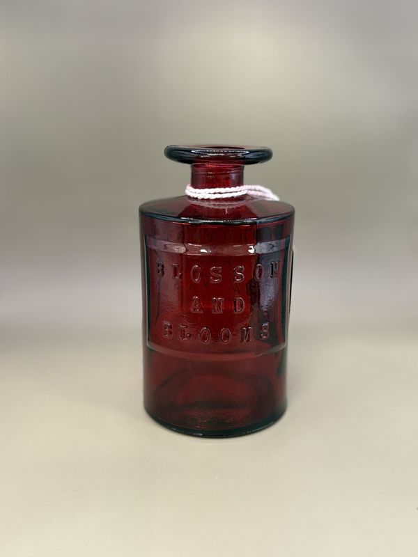 Glass. Spain. Red Bottle/Vase with &quot;Blossom and Blooms&quot;. 7&quot;H