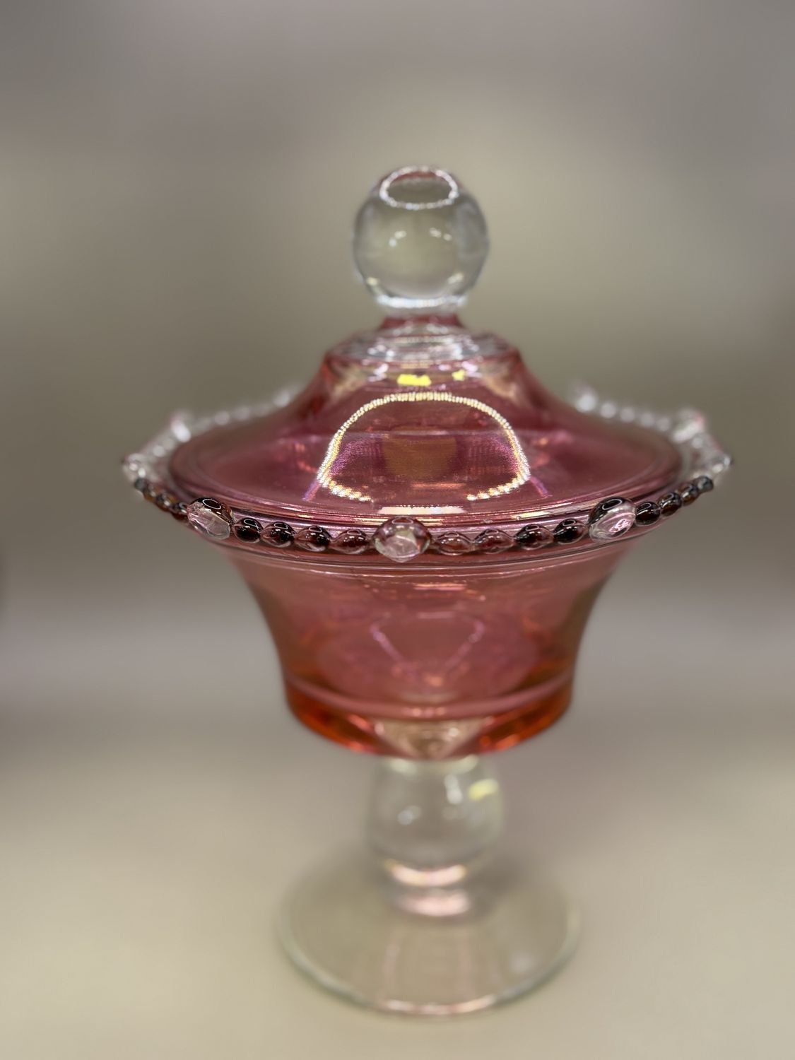Glass. USA. Paden City. Cranberry  Glass Compote with Lid. 9&quot;H