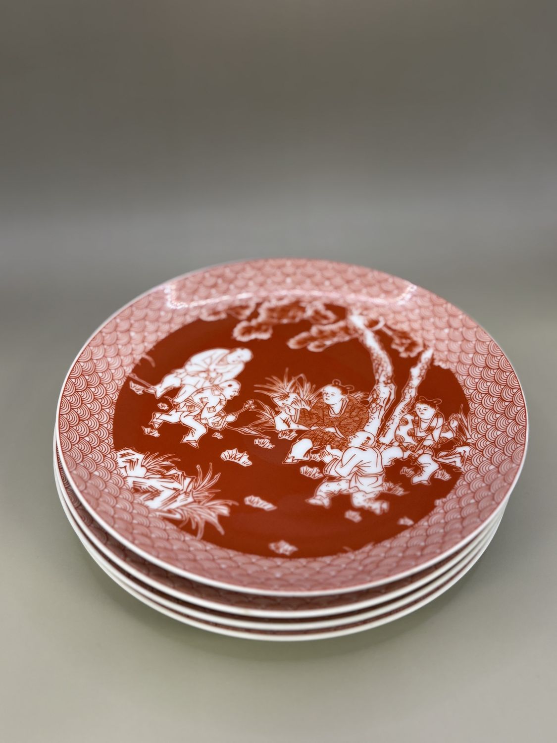Porcelain. Japan. Plates. Japanese Fight Scene. Dark Orange/Red. 7.75&quot;W (Set of 4)