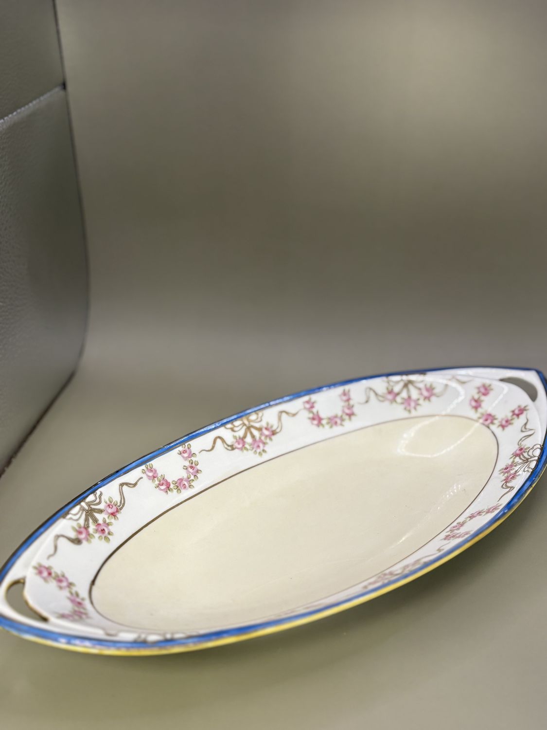 Porcelain. Japan. Nippon. Serving Dish. Hand Painted Roses &amp; Gold Bows. Blue &amp; Ivory Color Scheme. 13.25&quot;W