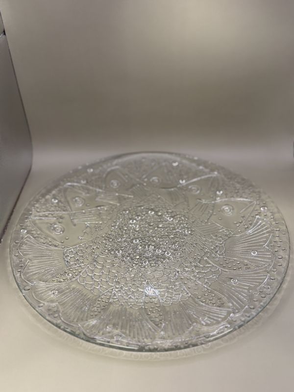 Glass. Sweden. Kosta Boda. Plate. Clear with Etched Design of Fish Clustered in the Center Radiating Outwards.