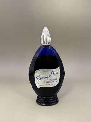 Home &amp; Bath. USA. Bourjois. Perfumed Bubble Bath Oil. Cobalt Blue. Evenings in Paris. Silver Cap. Vintage. 5.5"H