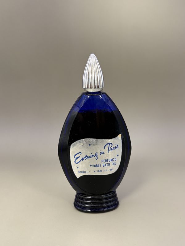 Glass. USA. Perfumed Bubble Bath Oil. Cobalt Blue. Evenings in Paris. Silver Cap.