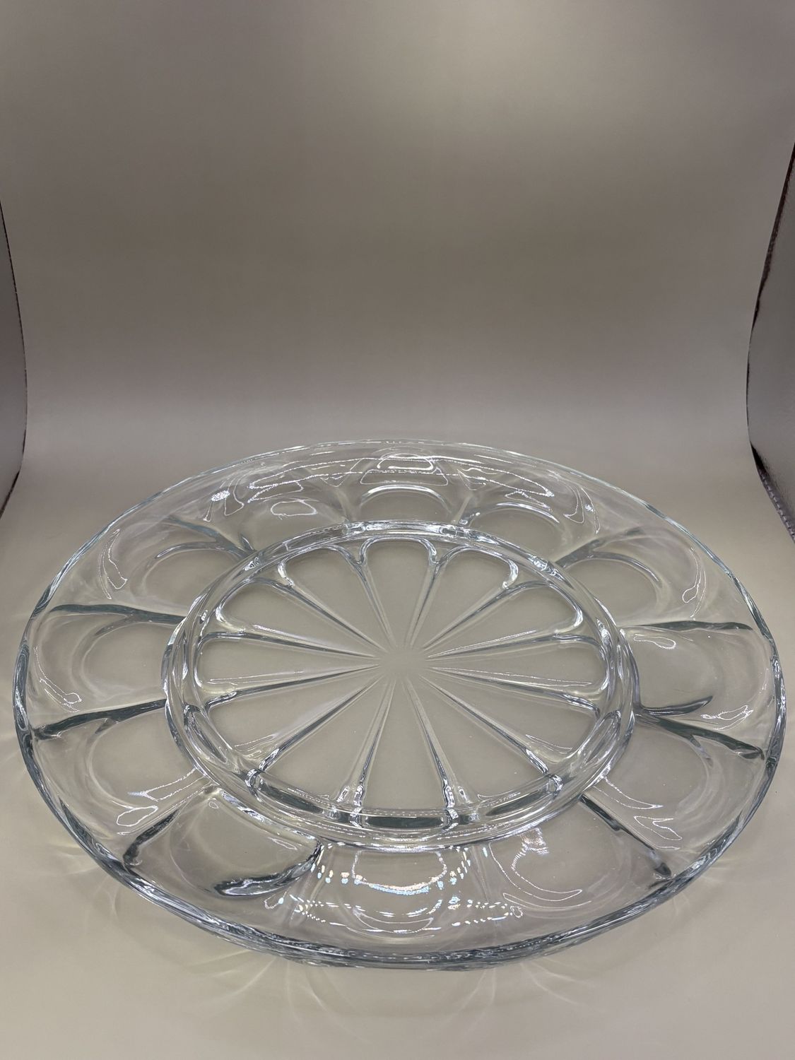 Glass. USA. Platter. Chips and Dip. Round Shape with Divided Sections and Bowl. 1950s. Hand Wash Gently.